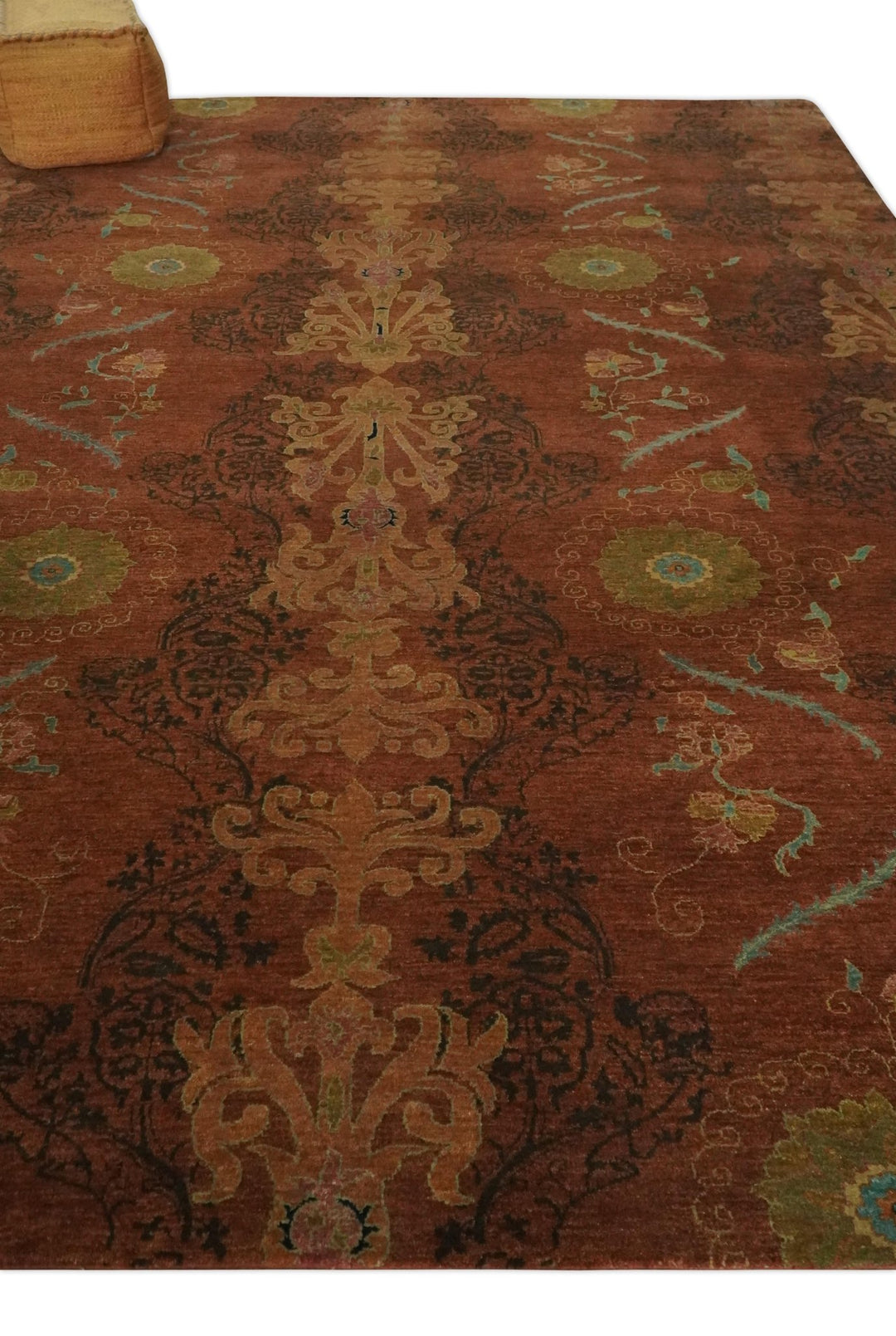 Fine Antique Style Brown, Rust and Green Traditional Ikat design Hand knotted wool Area Rug - The Rug Decor