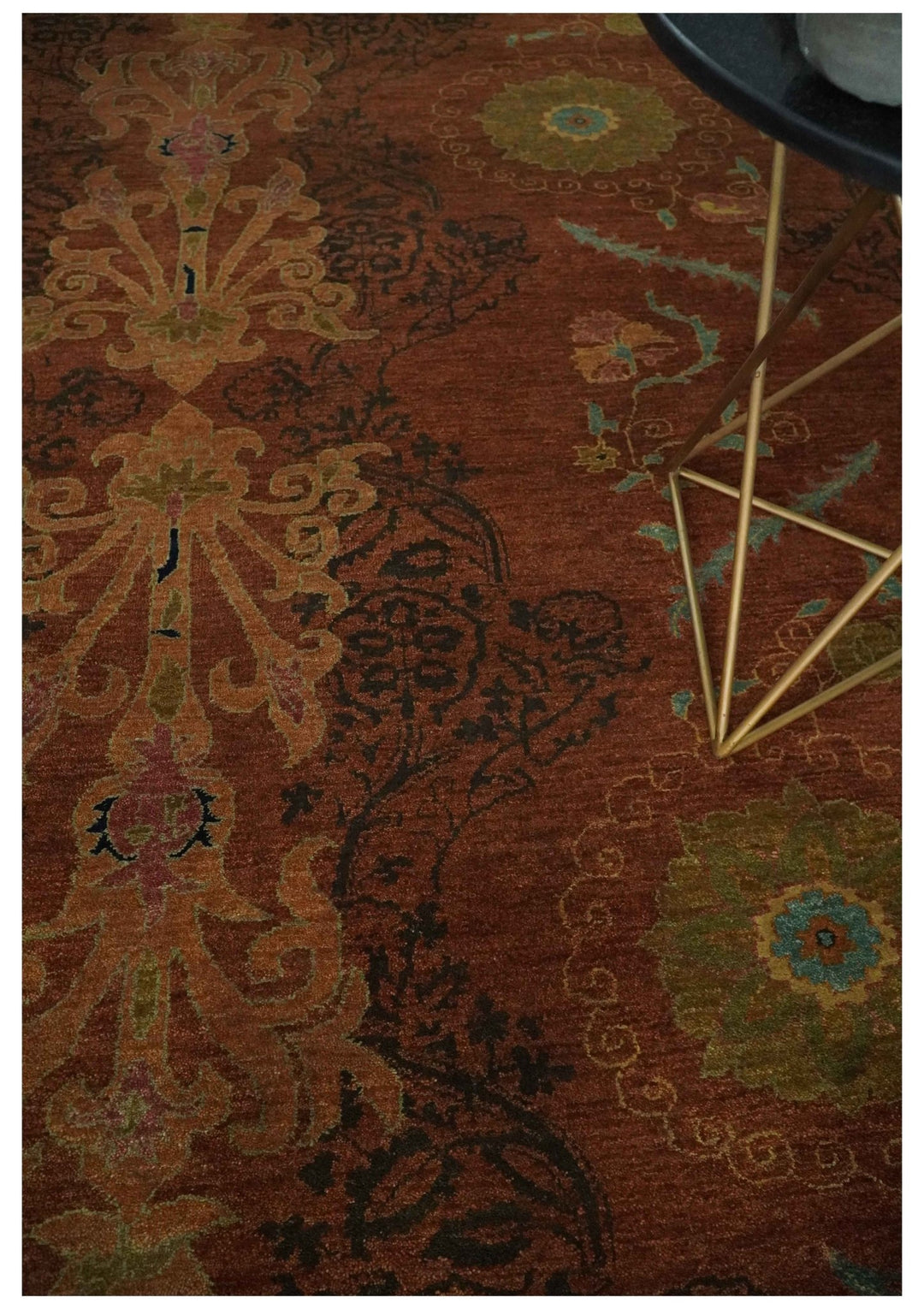 Fine Antique Style Brown, Rust and Green Traditional Ikat design Hand knotted wool Area Rug - The Rug Decor