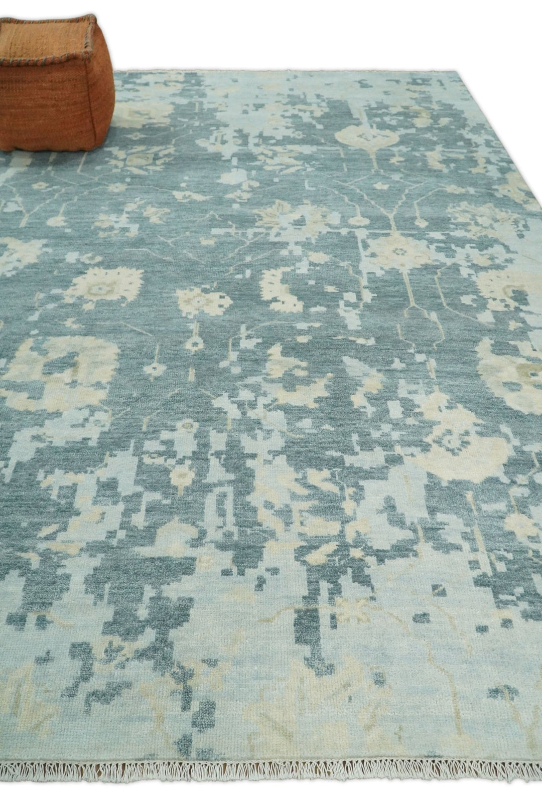 Fine Antique Turkish Oushak 8x10 Beige and Blue Abstract Hand Knotted Large Wool Area Rug | TRDCP506912 - The Rug Decor