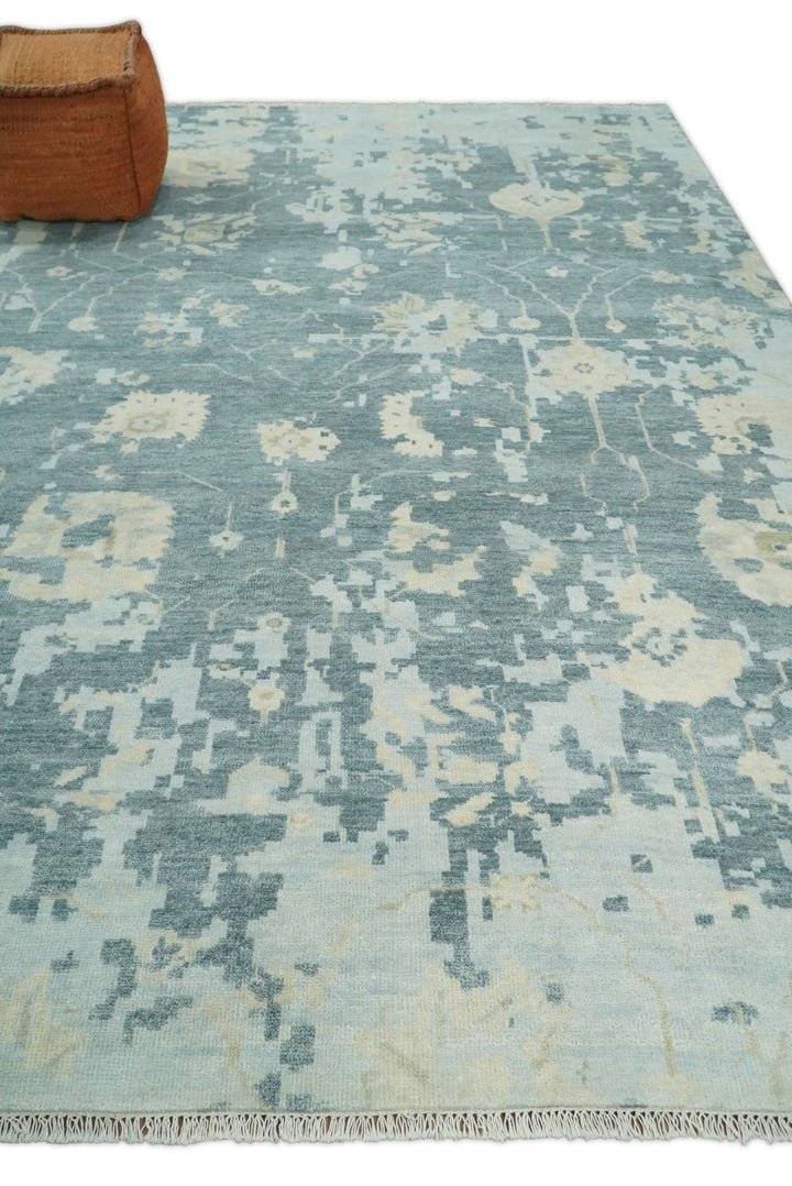 Fine Antique Turkish Oushak 8x10 Beige and Blue Abstract Hand Knotted Large Wool Area Rug | TRDCP506912 - The Rug Decor