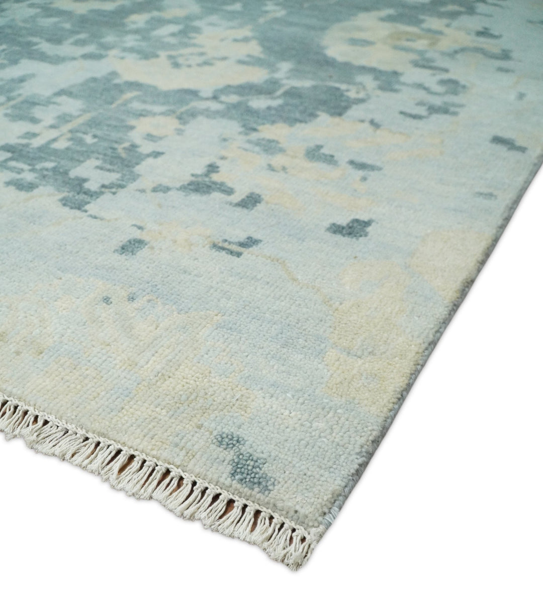 Fine Antique Turkish Oushak 8x10 Beige and Blue Abstract Hand Knotted Large Wool Area Rug | TRDCP506912 - The Rug Decor