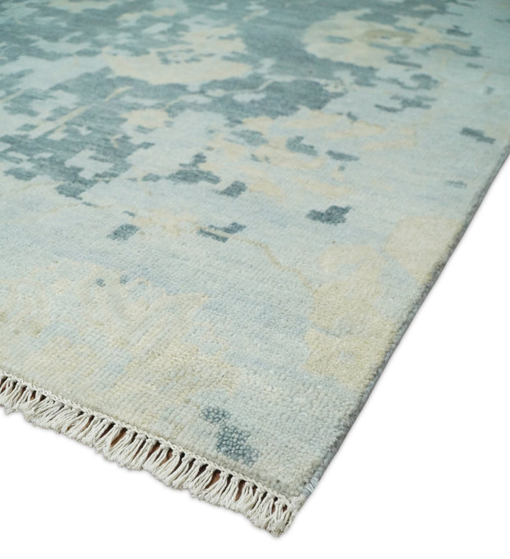 Fine Antique Turkish Oushak 8x10 Beige and Blue Abstract Hand Knotted Large Wool Area Rug | TRDCP506912 - The Rug Decor