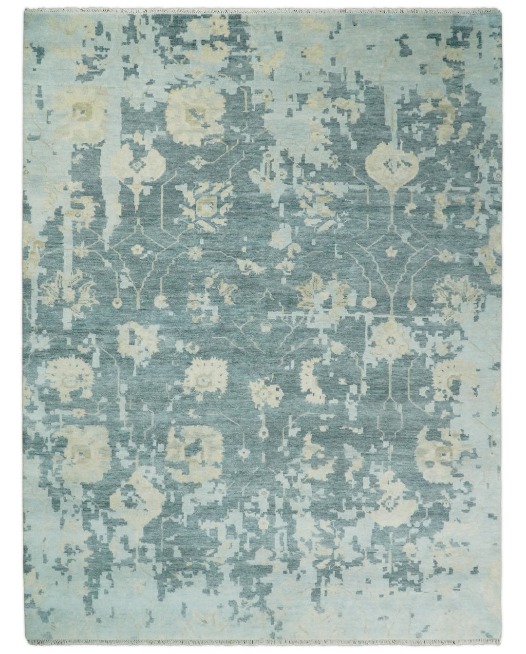 Fine Antique Turkish Oushak 8x10 Beige and Blue Abstract Hand Knotted Large Wool Area Rug | TRDCP506912 - The Rug Decor