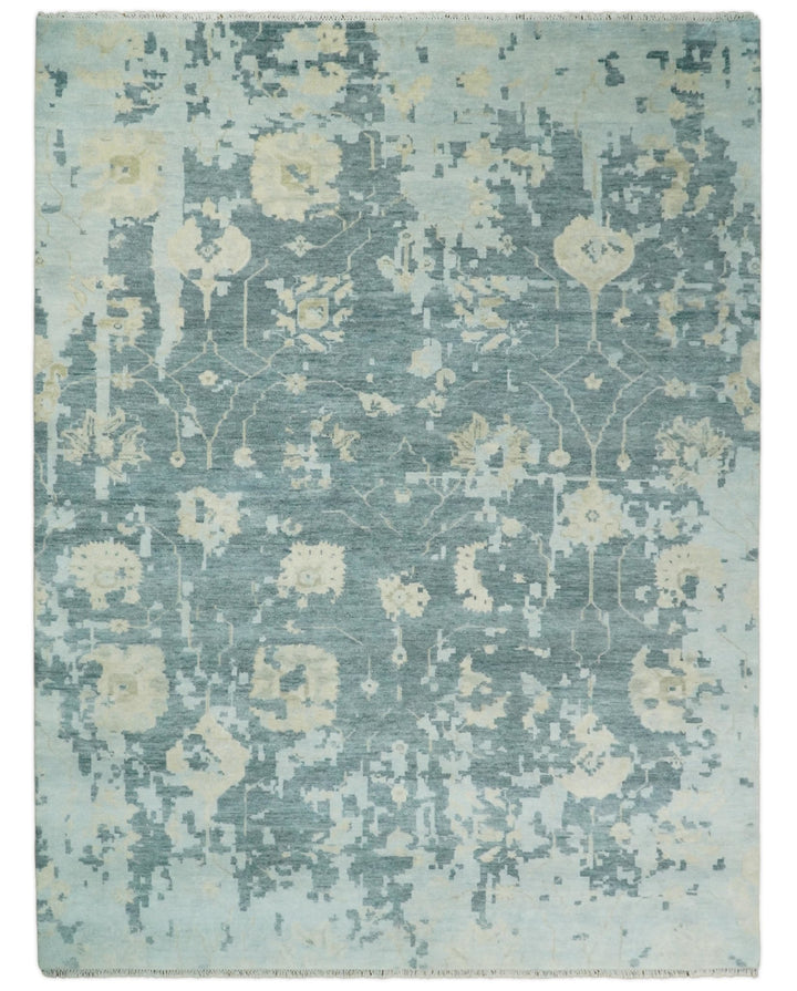 Fine Antique Turkish Oushak 8x10 Beige and Blue Abstract Hand Knotted Large Wool Area Rug | TRDCP506912 - The Rug Decor