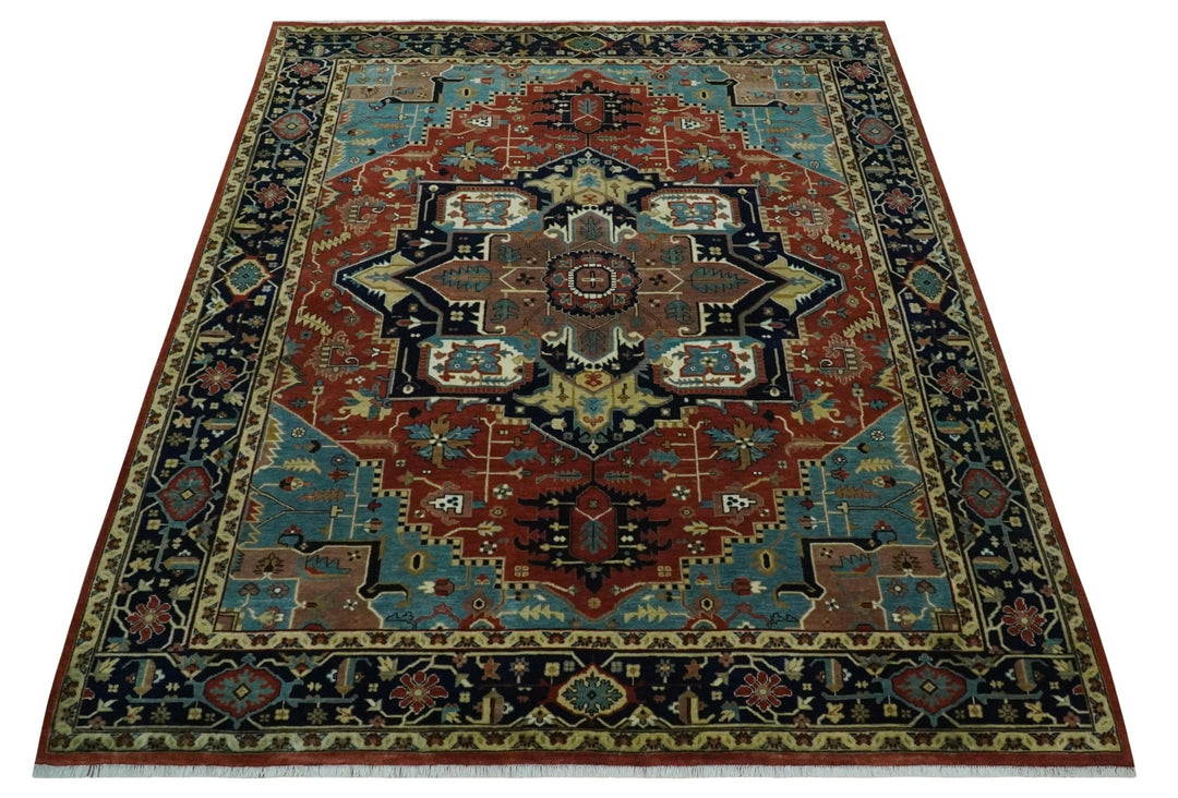 Fine Blue, Brown and Teal Traditional Floral Hand knotted 8x10 wool Area Rug - The Rug Decor