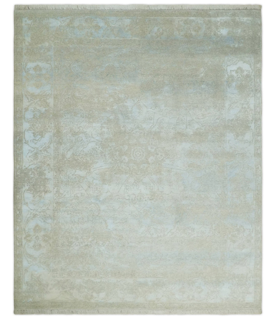Fine Hand Knotted 8x10 Beige and Ivory Transitional Wool and Bamboo Silk Area Rug - The Rug Decor