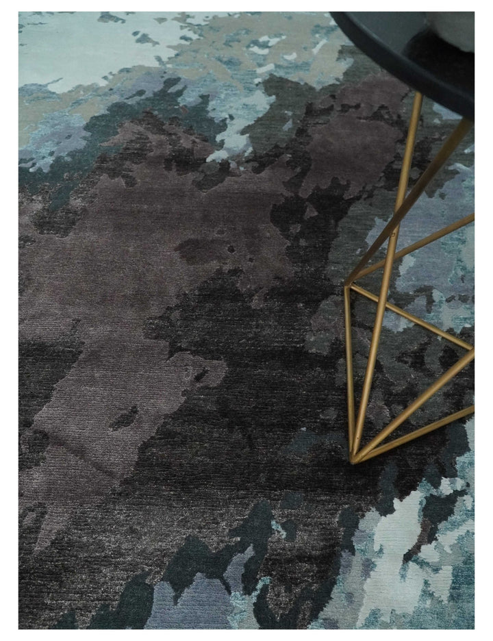 Fine Hand knotted And Carved Brown and Aqua Abstract Bamboo Silk 8x10 Area Rug - The Rug Decor