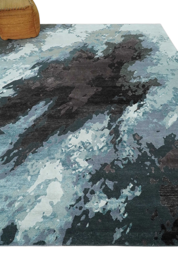 Fine Hand knotted And Carved Brown and Aqua Abstract Bamboo Silk 8x10 Area Rug - The Rug Decor