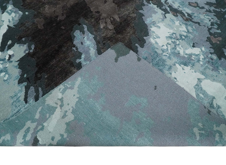 Fine Hand knotted And Carved Brown and Aqua Abstract Bamboo Silk 8x10 Area Rug - The Rug Decor