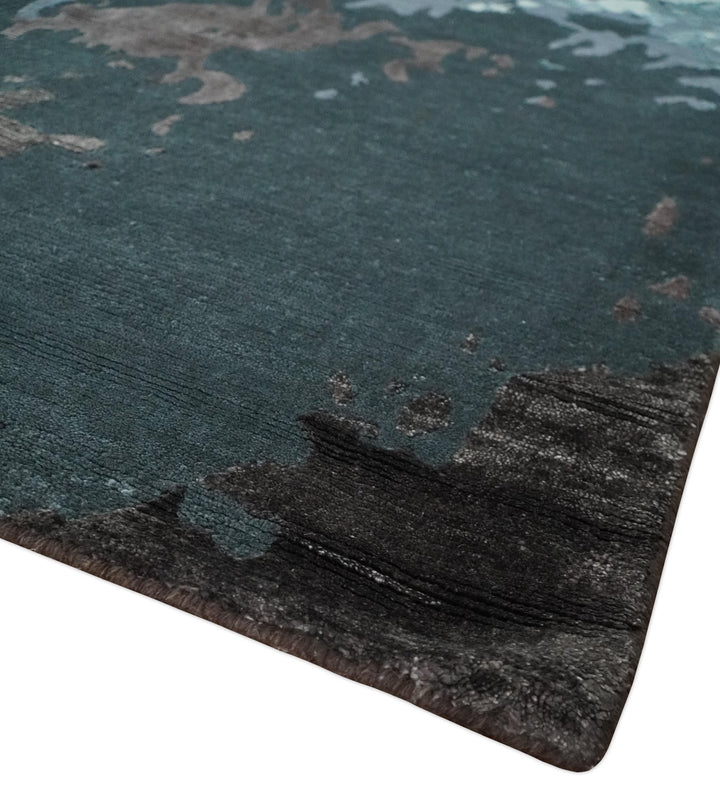 Fine Hand knotted And Carved Brown and Aqua Abstract Bamboo Silk 8x10 Area Rug - The Rug Decor