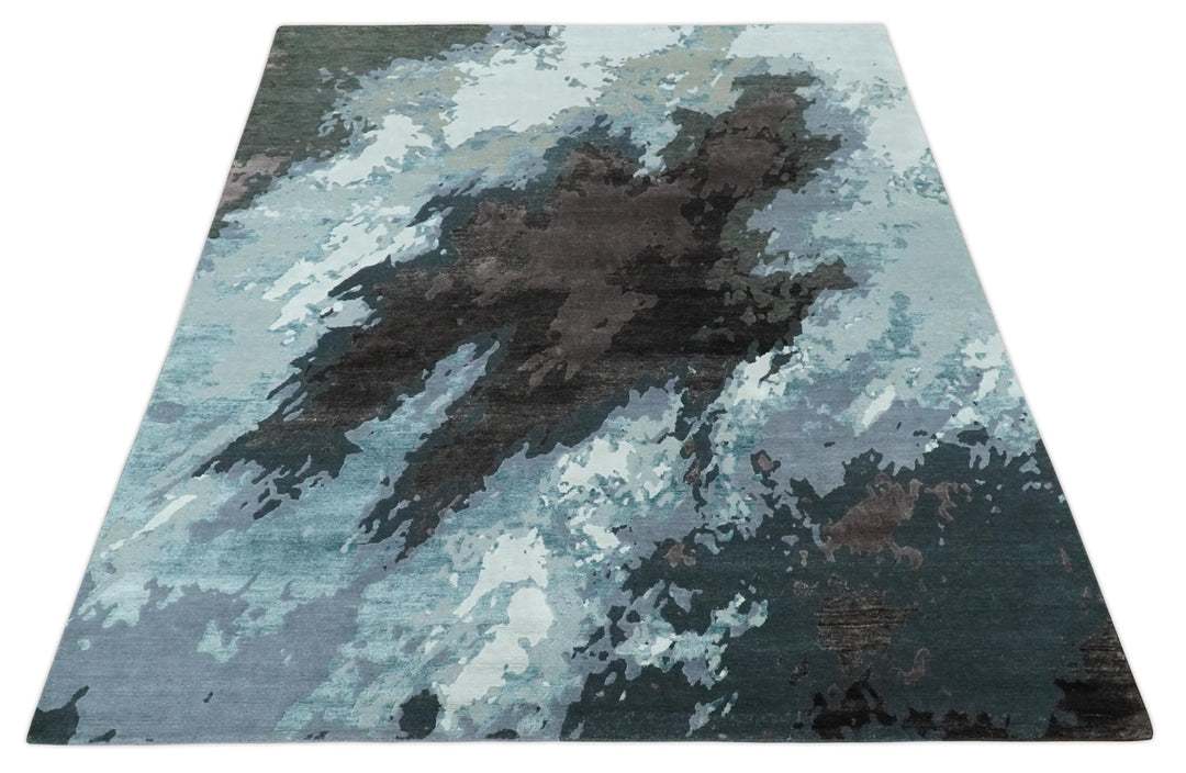 Fine Hand knotted And Carved Brown and Aqua Abstract Bamboo Silk 8x10 Area Rug - The Rug Decor