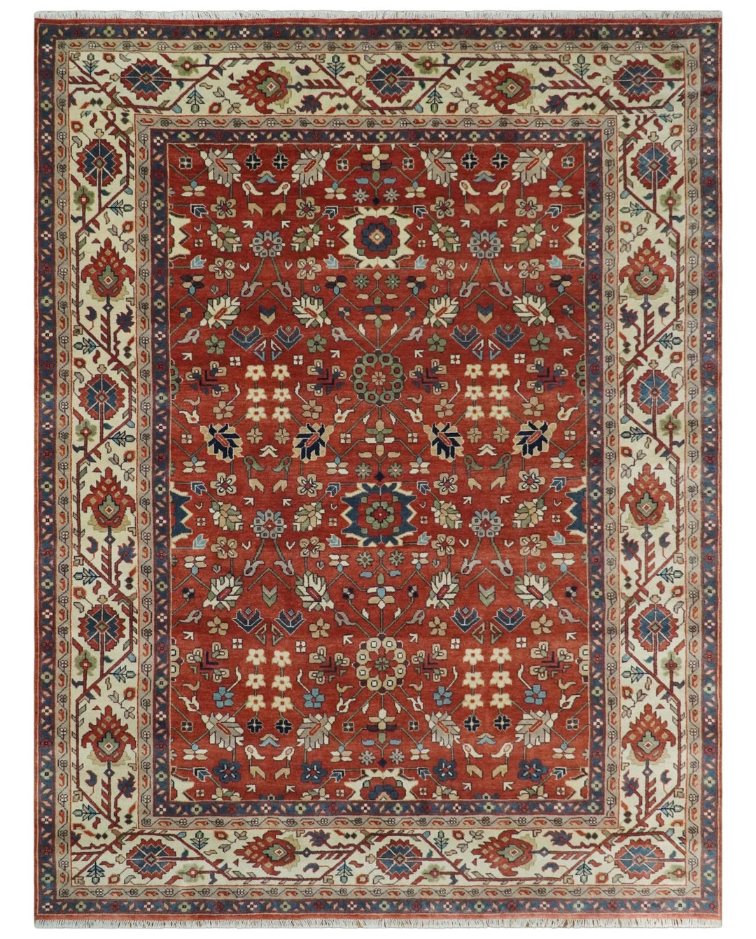 Fine Hand Knotted Rust and Ivory 9x12 Traditional Wool Area Rug - The Rug Decor