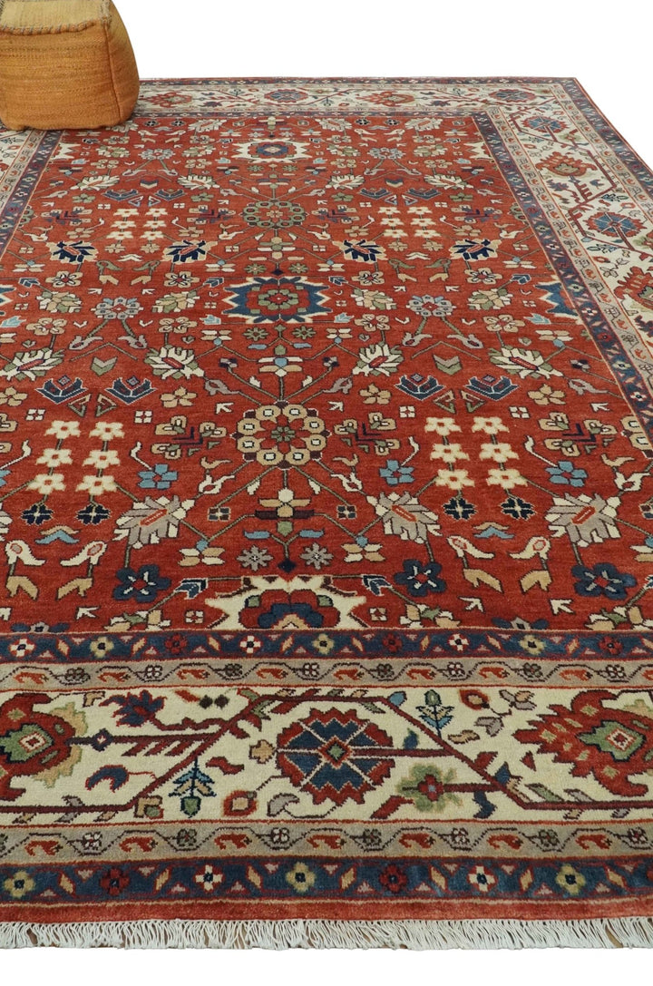 Fine Hand Knotted Rust and Ivory 9x12 Traditional Wool Area Rug - The Rug Decor