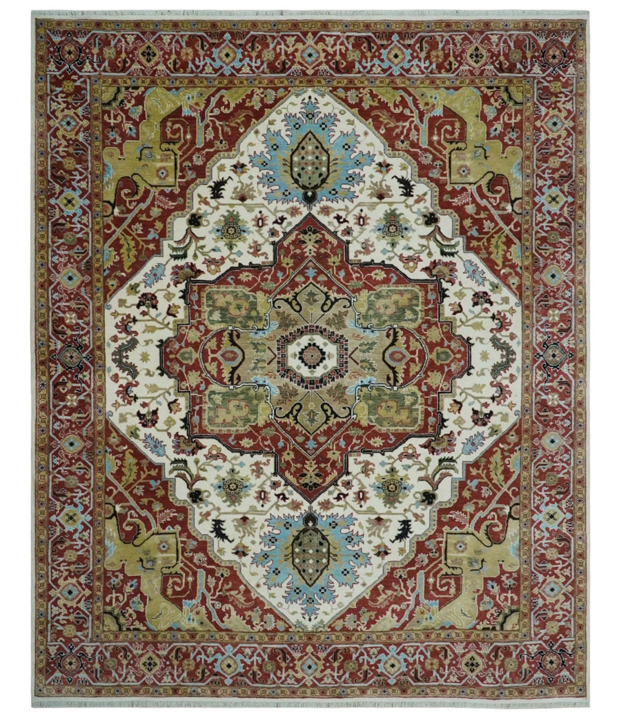 Fine Knots Red, Ivory and Olive 8x10 Hand knotted Traditional Wool Area Rug, - The Rug Decor