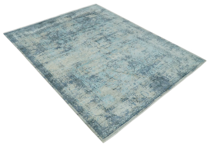Fine Real Silk 8x10 Hand Knotted Aqua, Camel and Charcoal Antique Traditional Rug - The Rug Decor