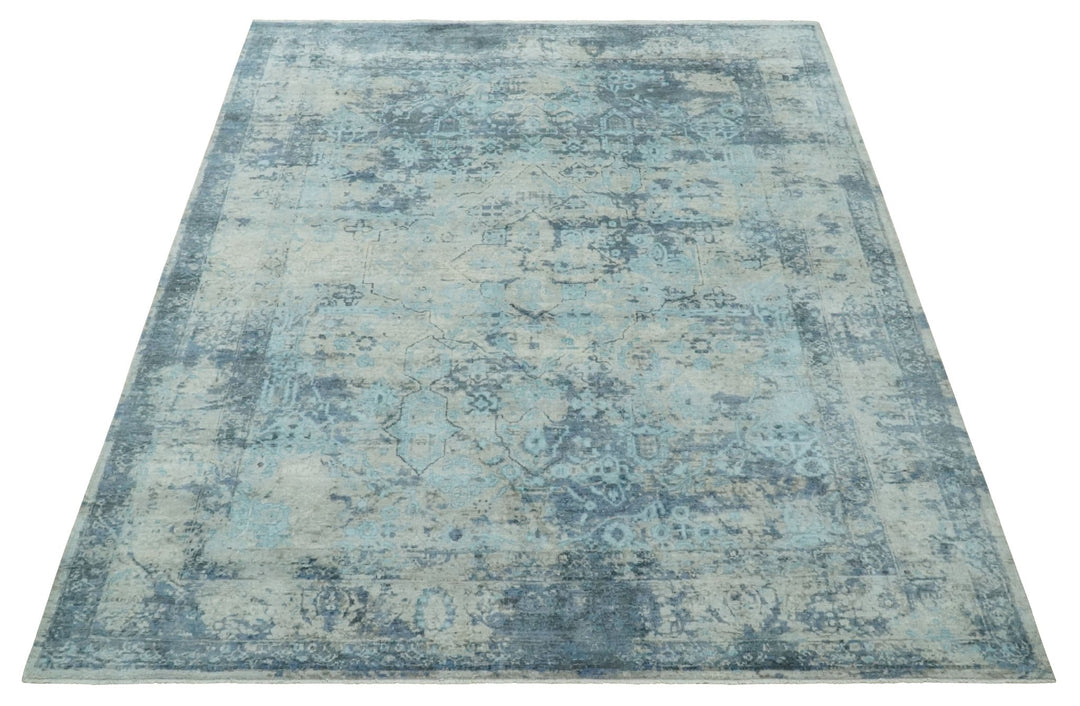 Fine Real Silk 8x10 Hand Knotted Aqua, Camel and Charcoal Antique Traditional Rug - The Rug Decor