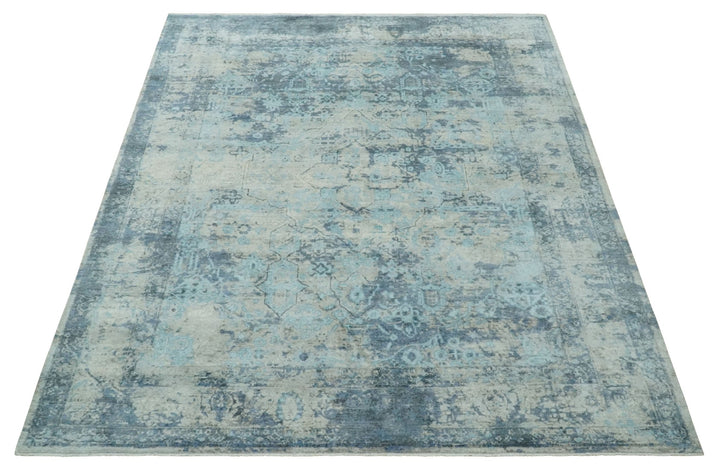Fine Real Silk 8x10 Hand Knotted Aqua, Camel and Charcoal Antique Traditional Rug - The Rug Decor