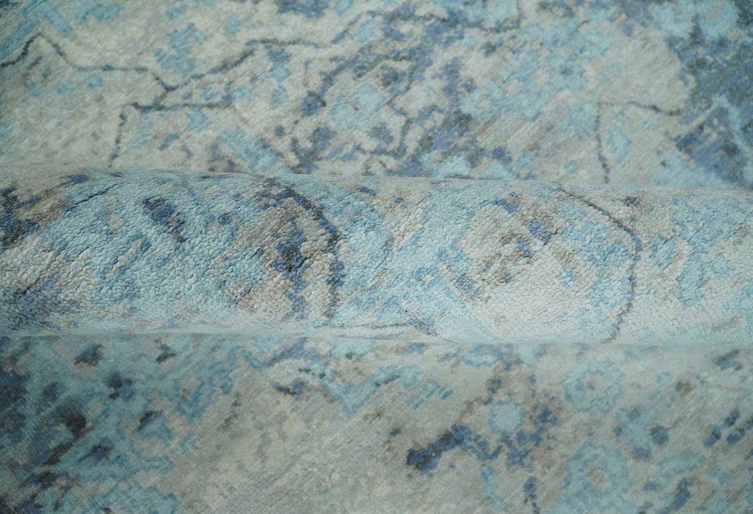 Fine Real Silk 8x10 Hand Knotted Aqua, Camel and Charcoal Antique Traditional Rug - The Rug Decor