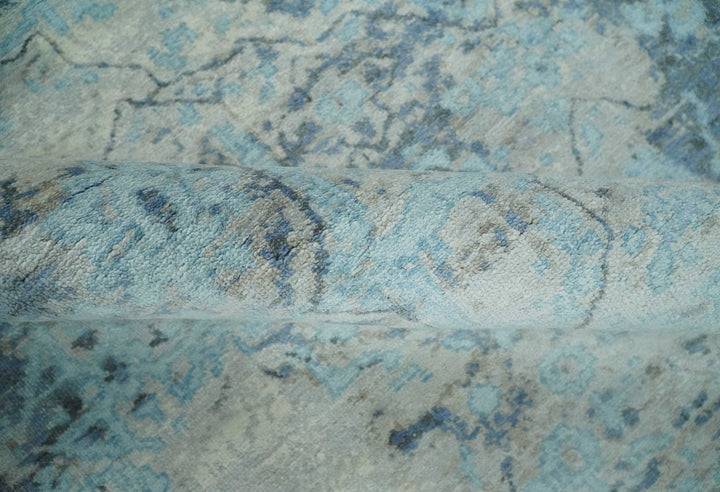 Fine Real Silk 8x10 Hand Knotted Aqua, Camel and Charcoal Antique Traditional Rug - The Rug Decor