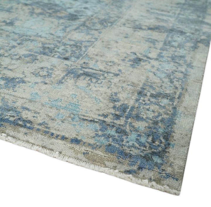 Fine Real Silk 8x10 Hand Knotted Aqua, Camel and Charcoal Antique Traditional Rug - The Rug Decor