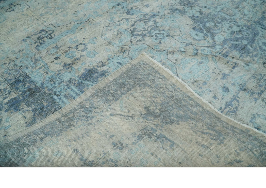 Fine Real Silk 8x10 Hand Knotted Aqua, Camel and Charcoal Antique Traditional Rug - The Rug Decor
