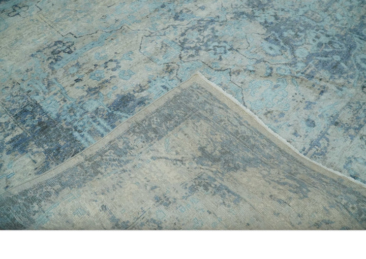 Fine Real Silk 8x10 Hand Knotted Aqua, Camel and Charcoal Antique Traditional Rug - The Rug Decor