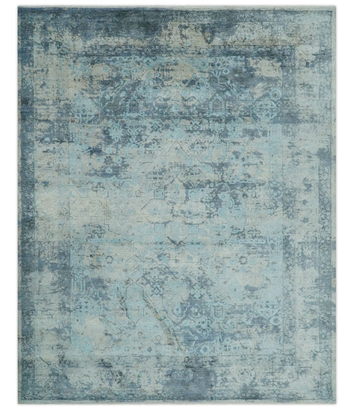 Fine Real Silk 8x10 Hand Knotted Aqua, Camel and Charcoal Antique Traditional Rug - The Rug Decor