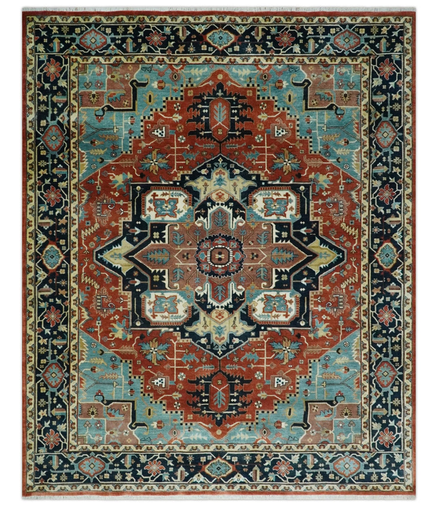 Fine Traditional Floral Hand knotted Brown, Aqua and Black 8x10 wool Area Rug - The Rug Decor