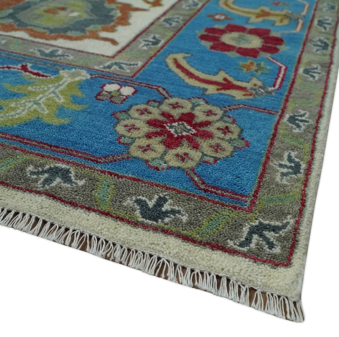 Fine Traditional Ivory and Blue Colorful Hand knotted Oushak Wool Area Rug - The Rug Decor