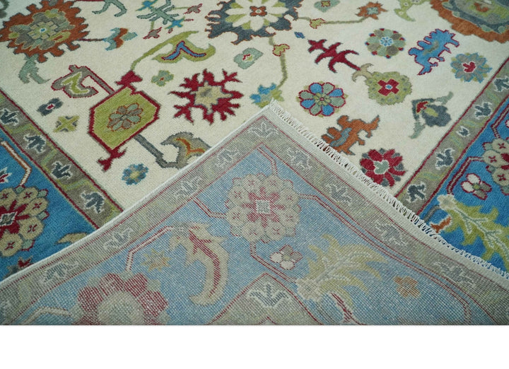 Fine Traditional Ivory and Blue Colorful Hand knotted Oushak Wool Area Rug - The Rug Decor