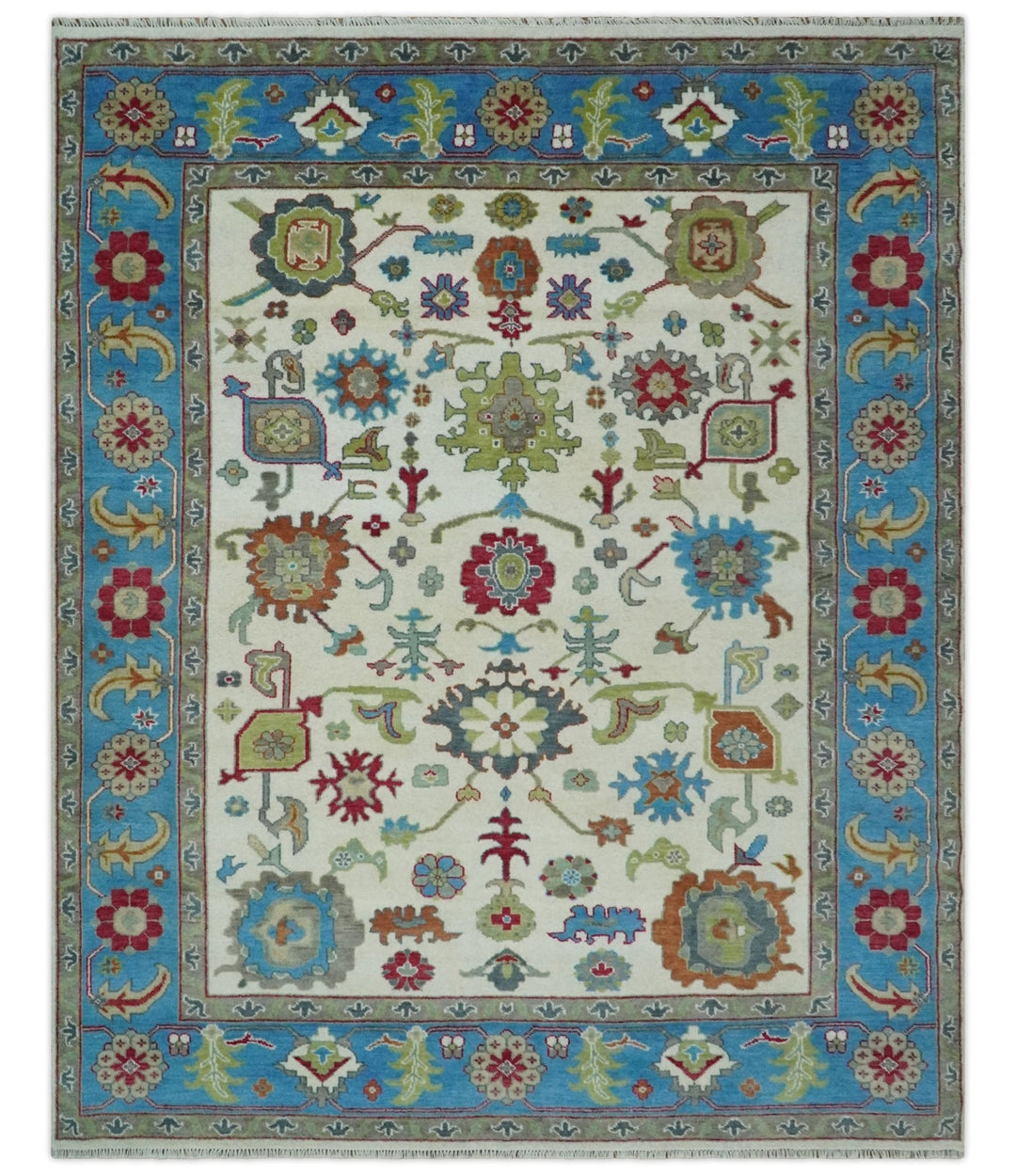 Fine Traditional Ivory and Blue Colorful Hand knotted Oushak Wool Area Rug - The Rug Decor