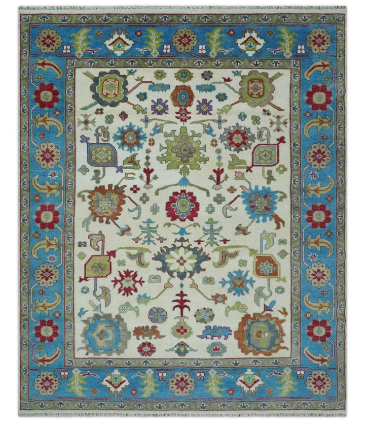 Fine Traditional Ivory and Blue Colorful Hand knotted Oushak Wool Area Rug - The Rug Decor