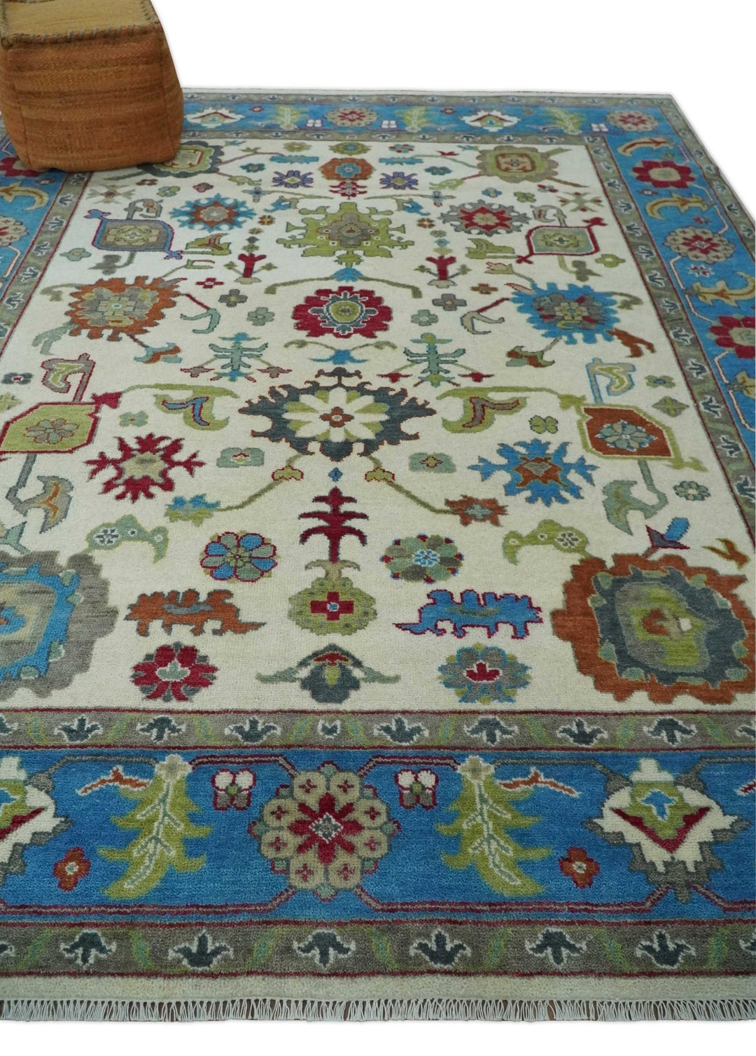 Fine Traditional Ivory and Blue Colorful Hand knotted Oushak Wool Area Rug - The Rug Decor