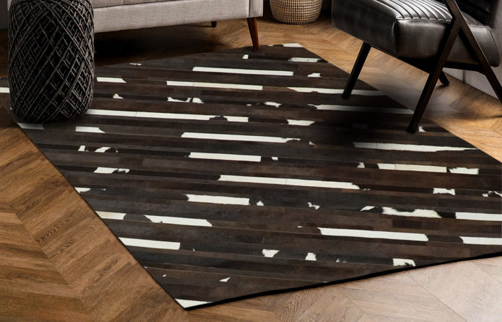 Flatweave Hairon Genuine Leather 5x8, 8x10 and 9x12 Brown Tan and Ivory Area Rug | LR16 - The Rug Decor