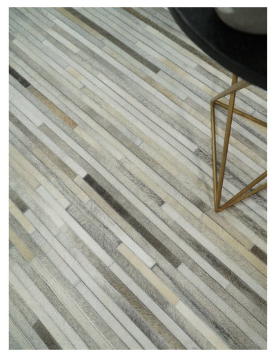 Flatweave Hairon Genuine Leather 5x8, 8x10 and 9x12 Stripe Design Beige and Ivory Area Rug | LR18 - The Rug Decor