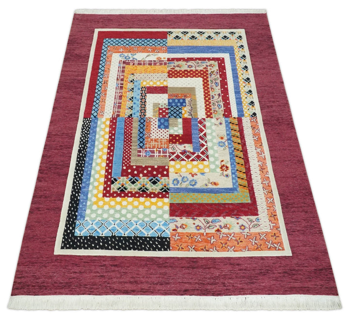 Flatwoven Artistic Modern Geometric 5x7 Multicolor Wool Hand Made Soumak Rug | KNT52 - The Rug Decor