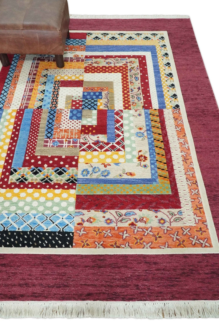 Flatwoven Artistic Modern Geometric 5x7 Multicolor Wool Hand Made Soumak Rug | KNT52 - The Rug Decor