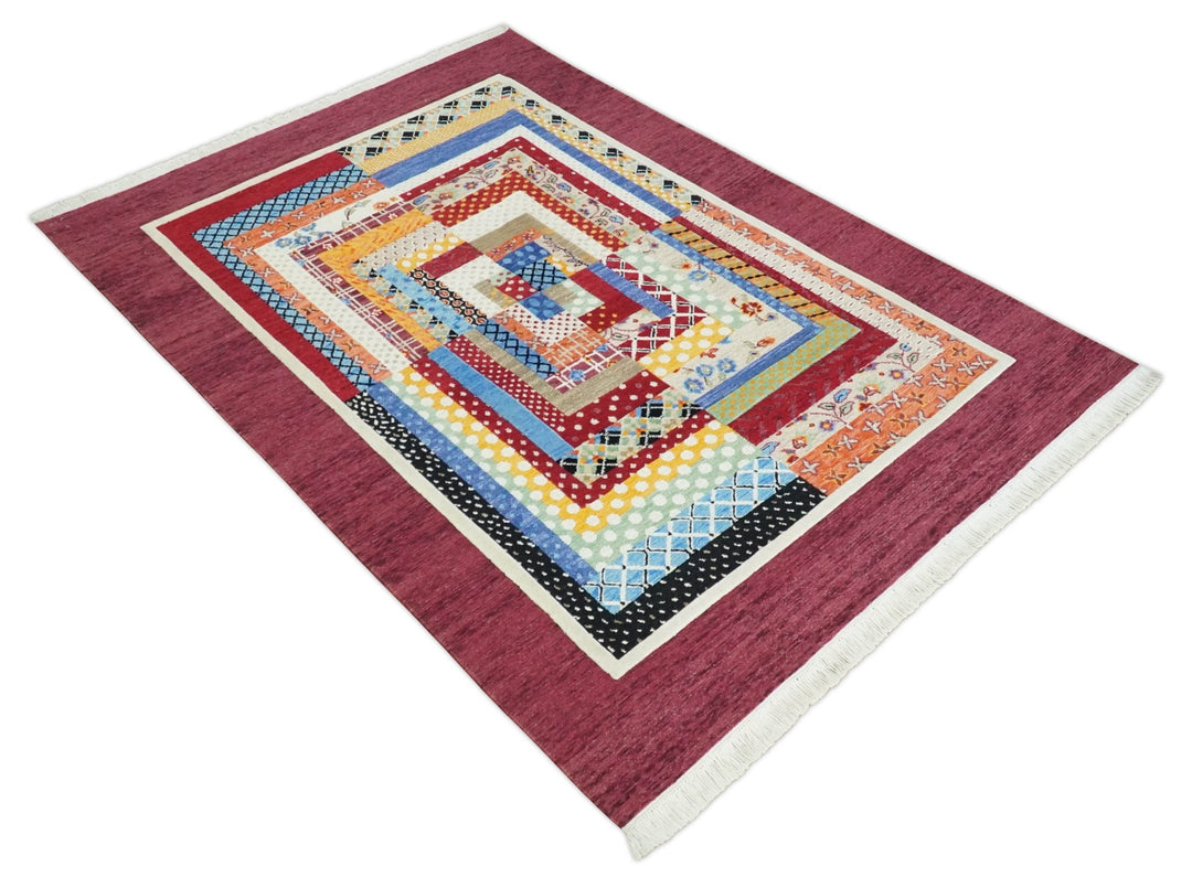 Flatwoven Artistic Modern Geometric 5x7 Multicolor Wool Hand Made Soumak Rug | KNT52 - The Rug Decor