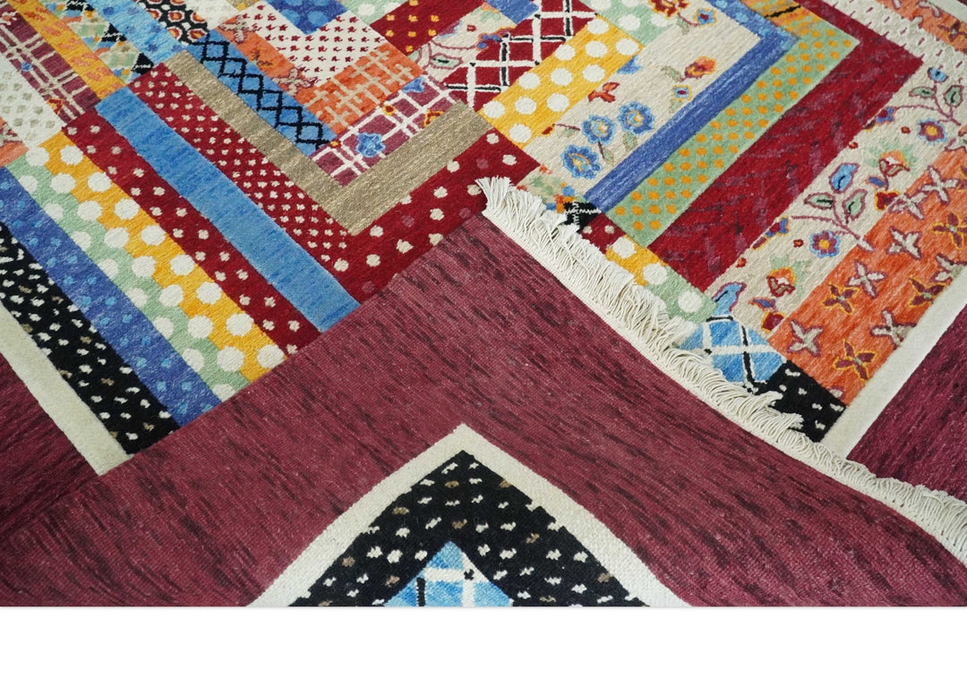 Flatwoven Artistic Modern Geometric 5x7 Multicolor Wool Hand Made Soumak Rug | KNT52 - The Rug Decor