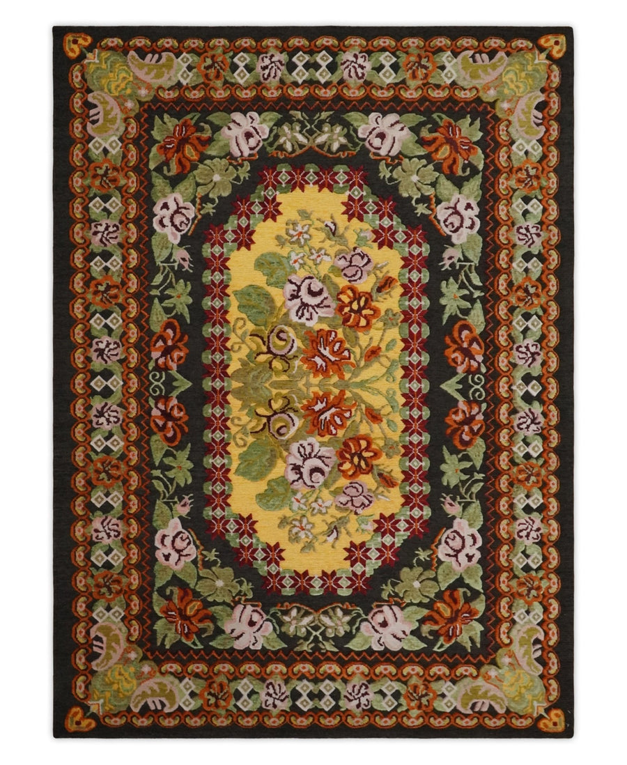 Flatwoven Soumak Black, Yellow, Green and Gold Flower Wool Hand Woven Antique Design Rug | KNT39 - The Rug Decor
