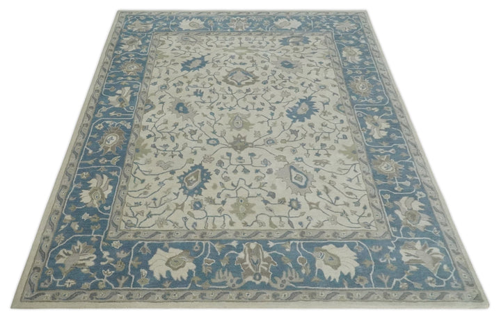 Floral 8x10 Hand Tufted Beige and Blue Modern Oushak Rug - The Rug Decor