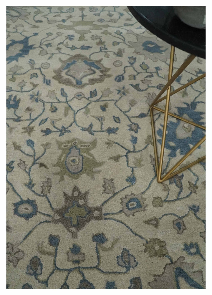 Floral 8x10 Hand Tufted Beige and Blue Modern Oushak Rug - The Rug Decor