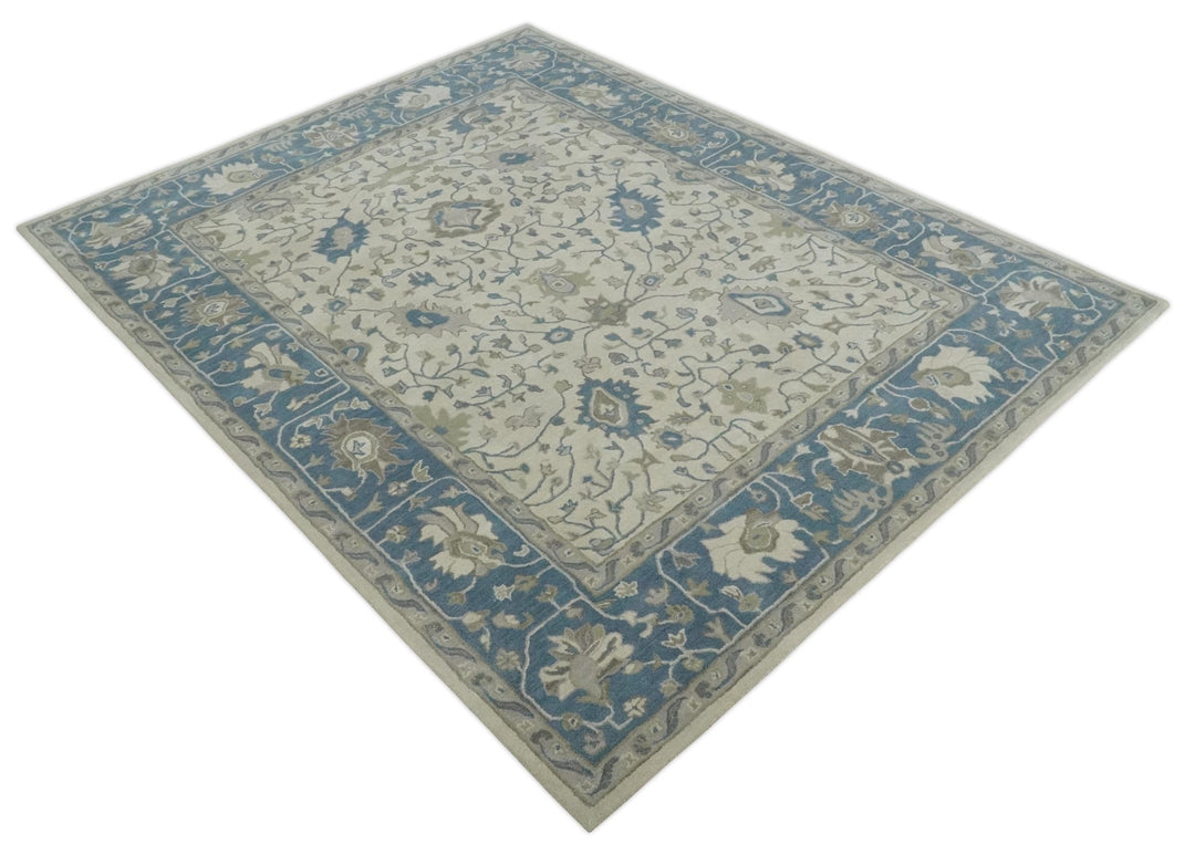 Floral 8x10 Hand Tufted Beige and Blue Modern Oushak Rug - The Rug Decor