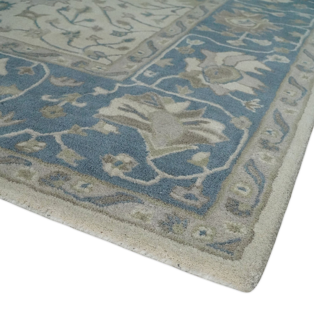 Floral 8x10 Hand Tufted Beige and Blue Modern Oushak Rug - The Rug Decor