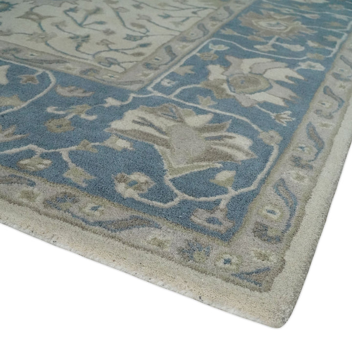 Floral 8x10 Hand Tufted Beige and Blue Modern Oushak Rug - The Rug Decor
