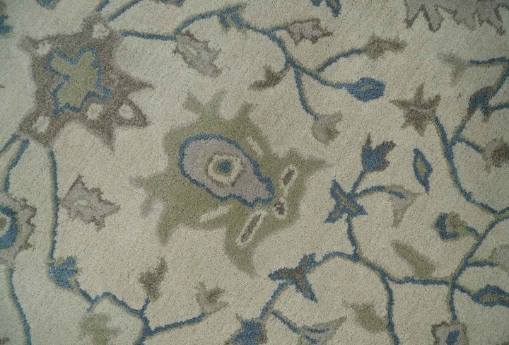 Floral 8x10 Hand Tufted Beige and Blue Modern Oushak Rug - The Rug Decor