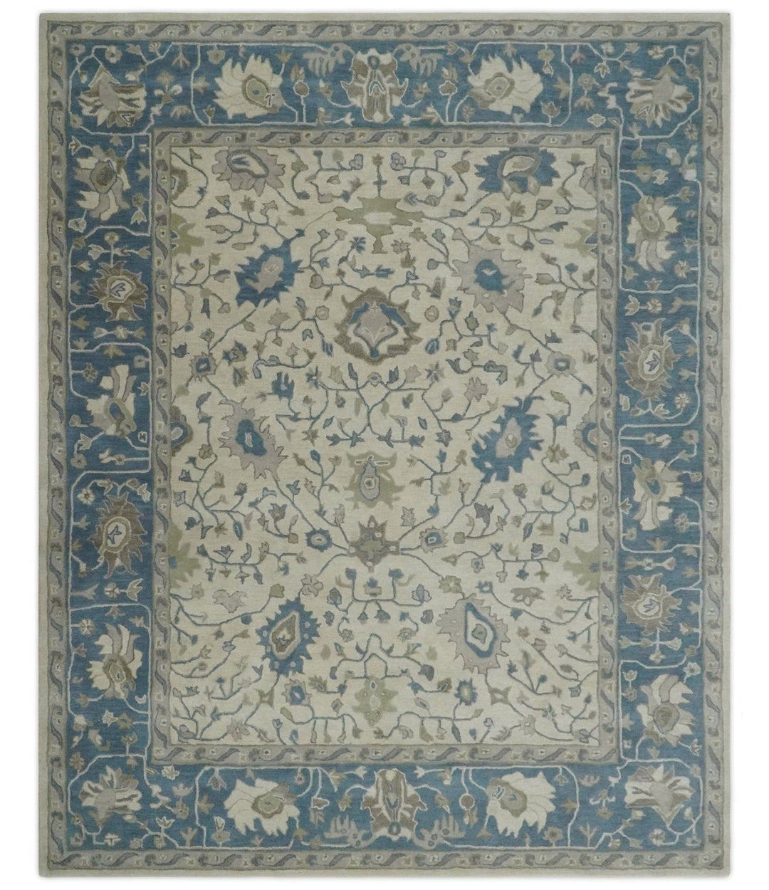 Floral 8x10 Hand Tufted Beige and Blue Modern Oushak Rug - The Rug Decor