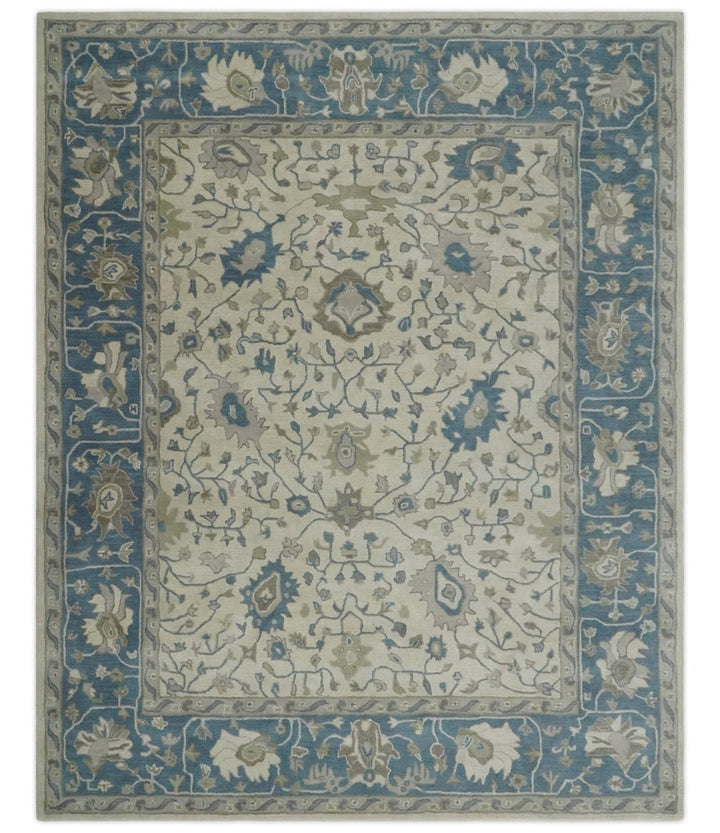 Floral 8x10 Hand Tufted Beige and Blue Modern Oushak Rug - The Rug Decor