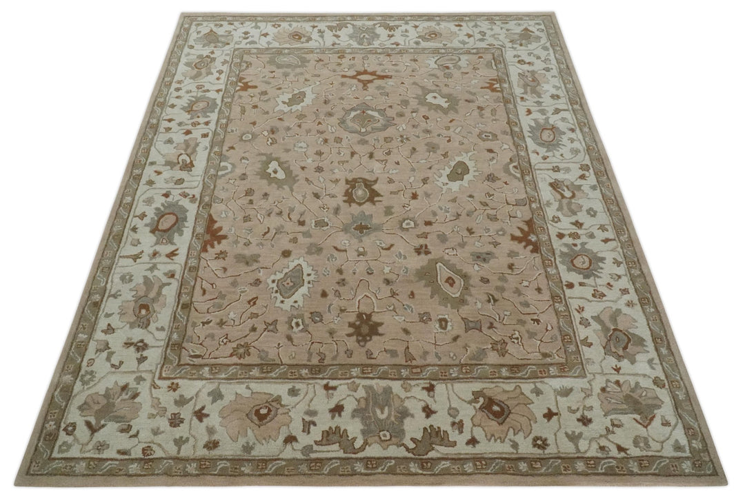 Floral 8x10 Hand Tufted Peach, Ivory and Olive Modern Oushak Rug - The Rug Decor