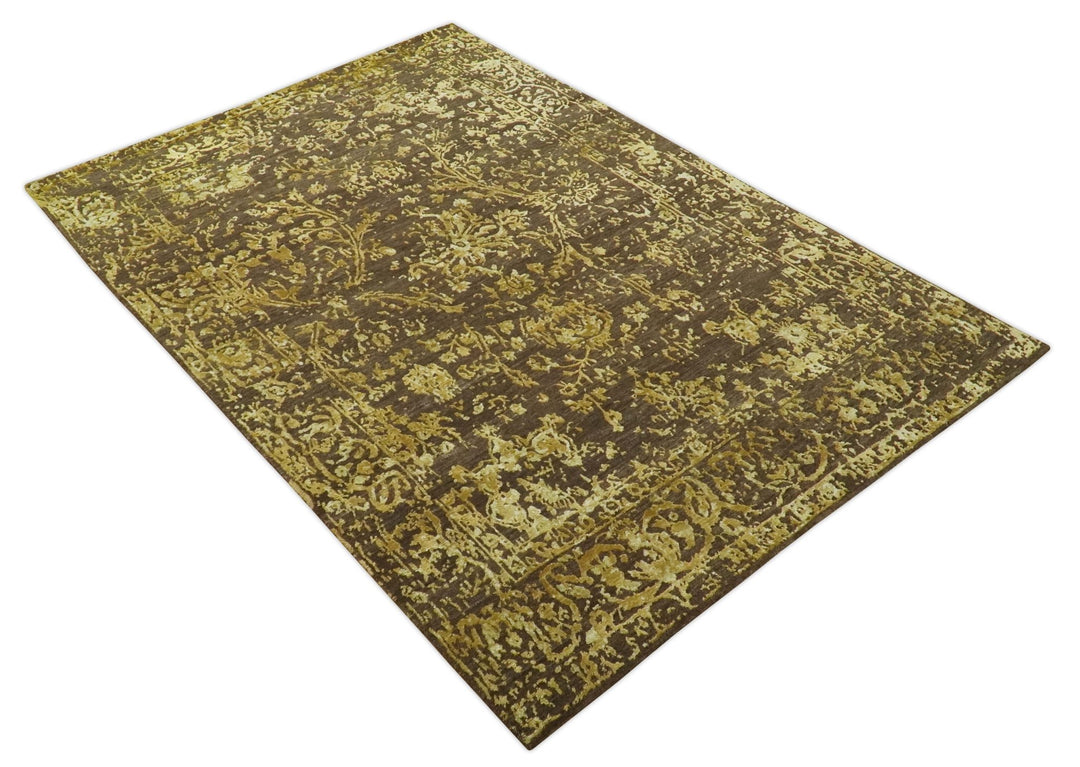 Floral Premium look Gold and Brown Hand Knotted 6x9 wool and art silk Area Rug - The Rug Decor